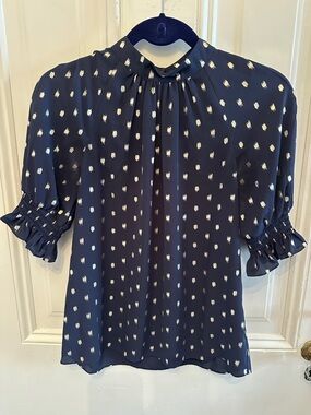 Ted Baker Navy and Gold Dot Mock Neck Ruffle Sleeve Women's Blouse